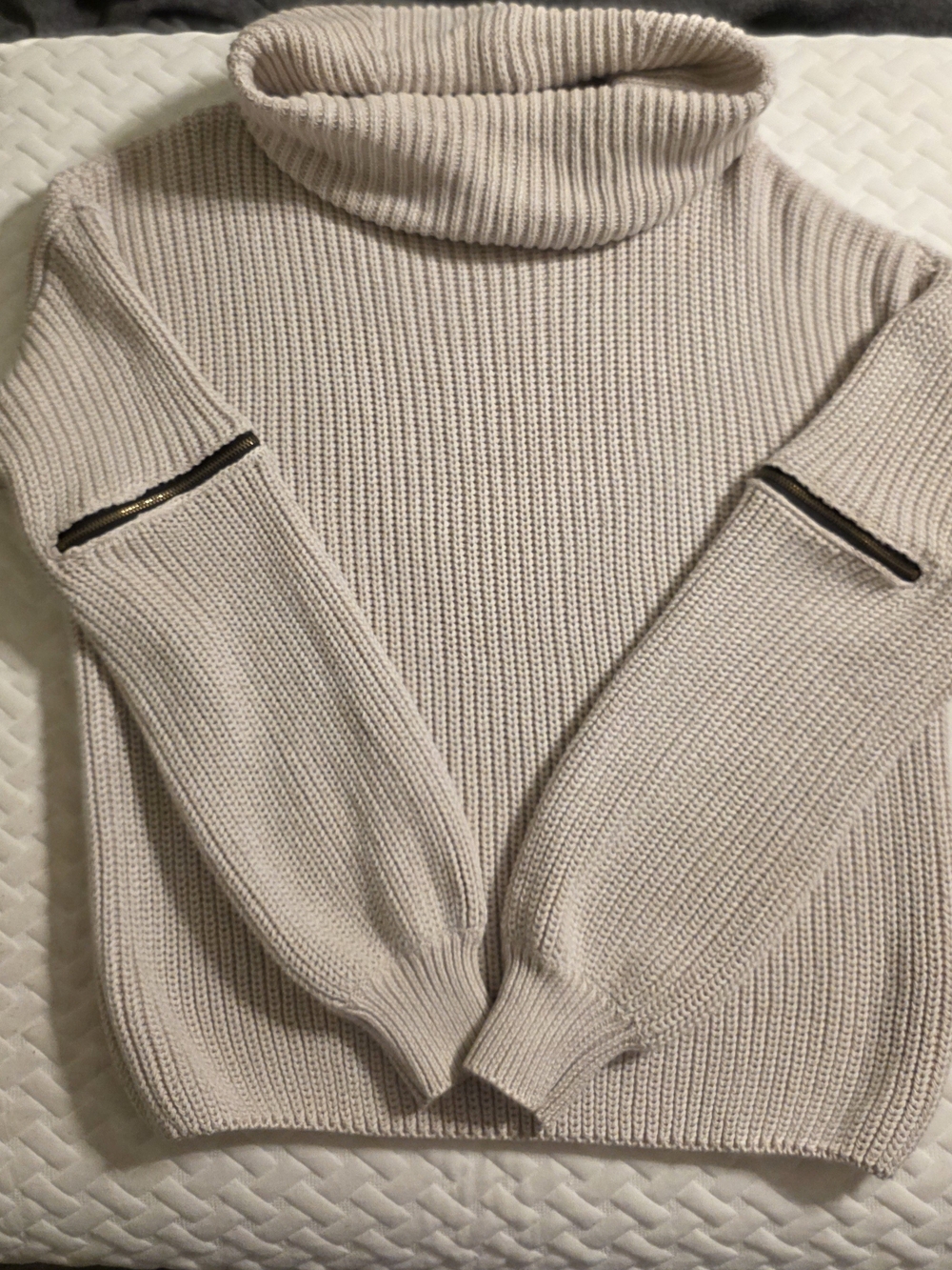 Vici Neutral Beige Ribbed Turtleneck Sweater with Sleeve Zips